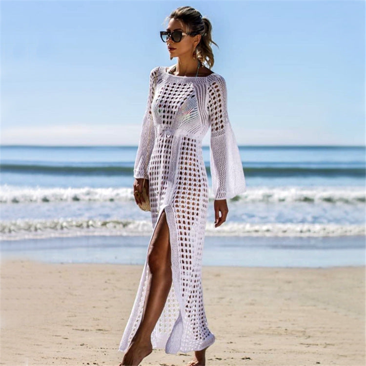 White knit long-sleeve maxi dress with openwork knit texture and side slit