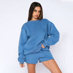 Cotton Autumn Winter Solid Color Round-Neck Pullover Long-Sleeve Sweater Casual Shorts Set
