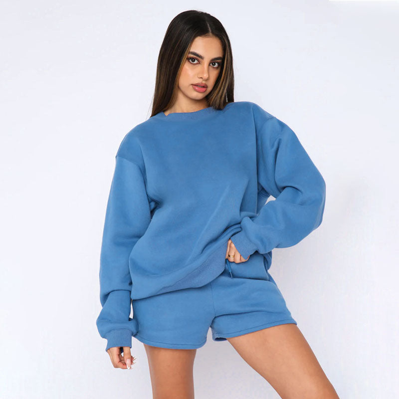 Cotton Autumn Winter Solid Color Round-Neck Pullover Long-Sleeve Sweater Casual Shorts Set