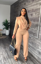 Women's Long Sleeved Cardigan Round Neck Top Slim Trousers Two-Piece Set