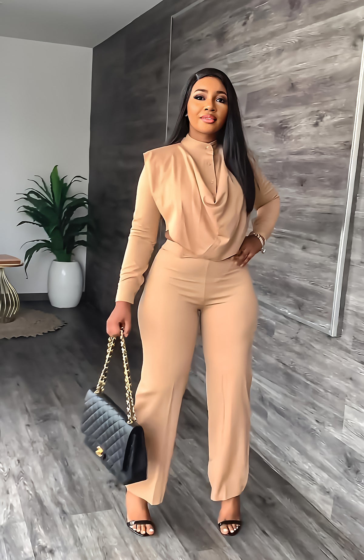 Women's Long Sleeved Cardigan Round Neck Top Slim Trousers Two-Piece Set