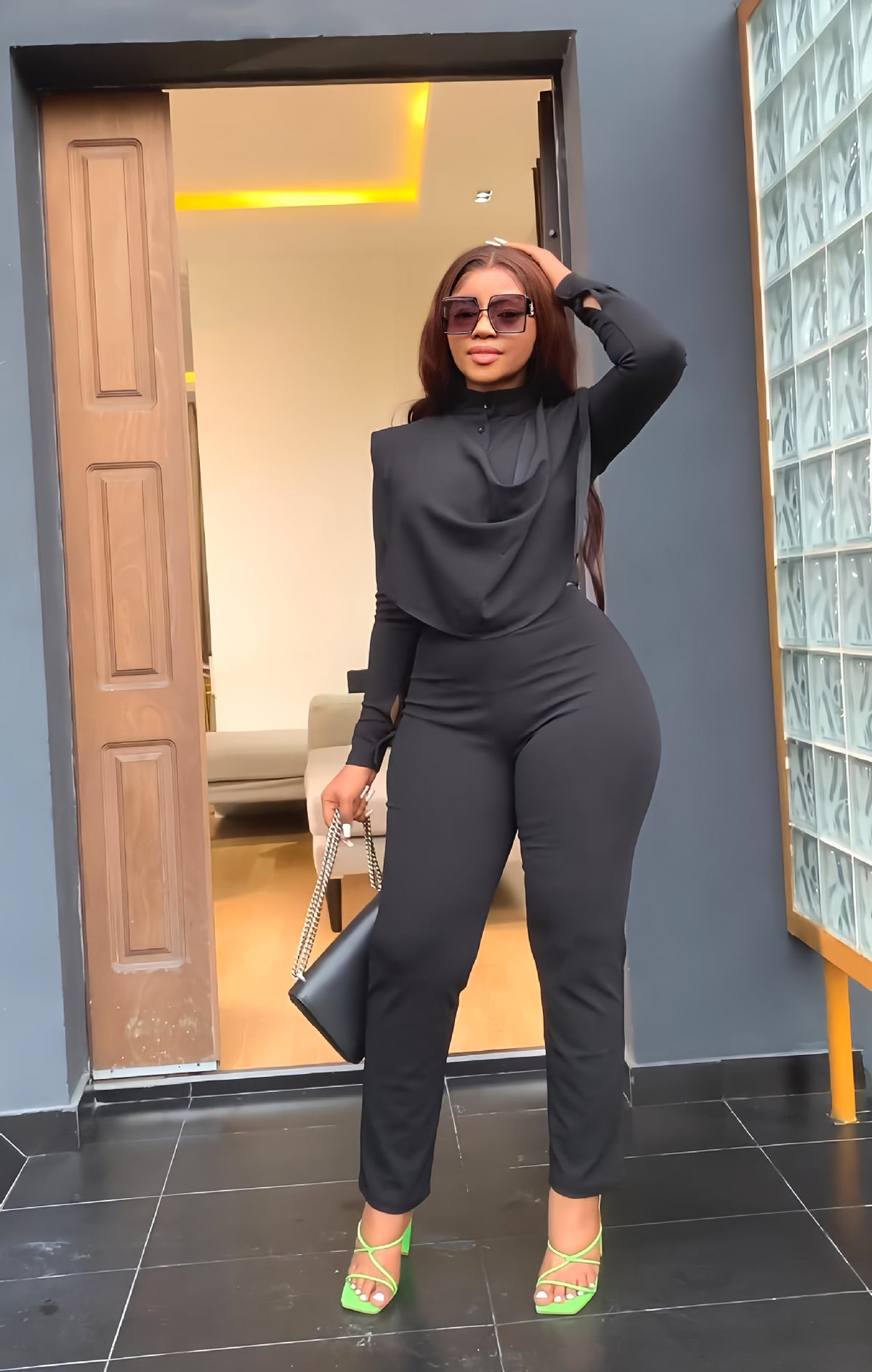 Women's Long Sleeved Cardigan Round Neck Top Slim Trousers Two-Piece Set