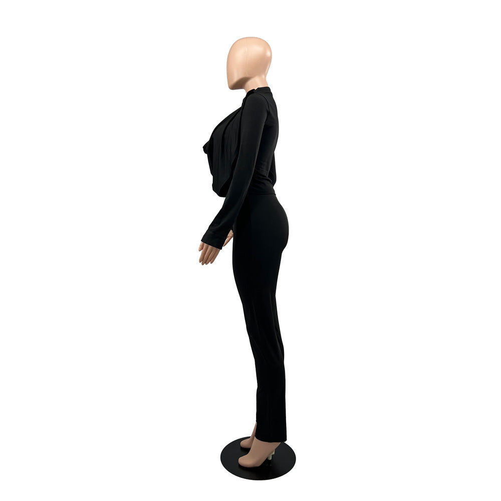 Women's Long Sleeved Cardigan Round Neck Top Slim Trousers Two-Piece Set