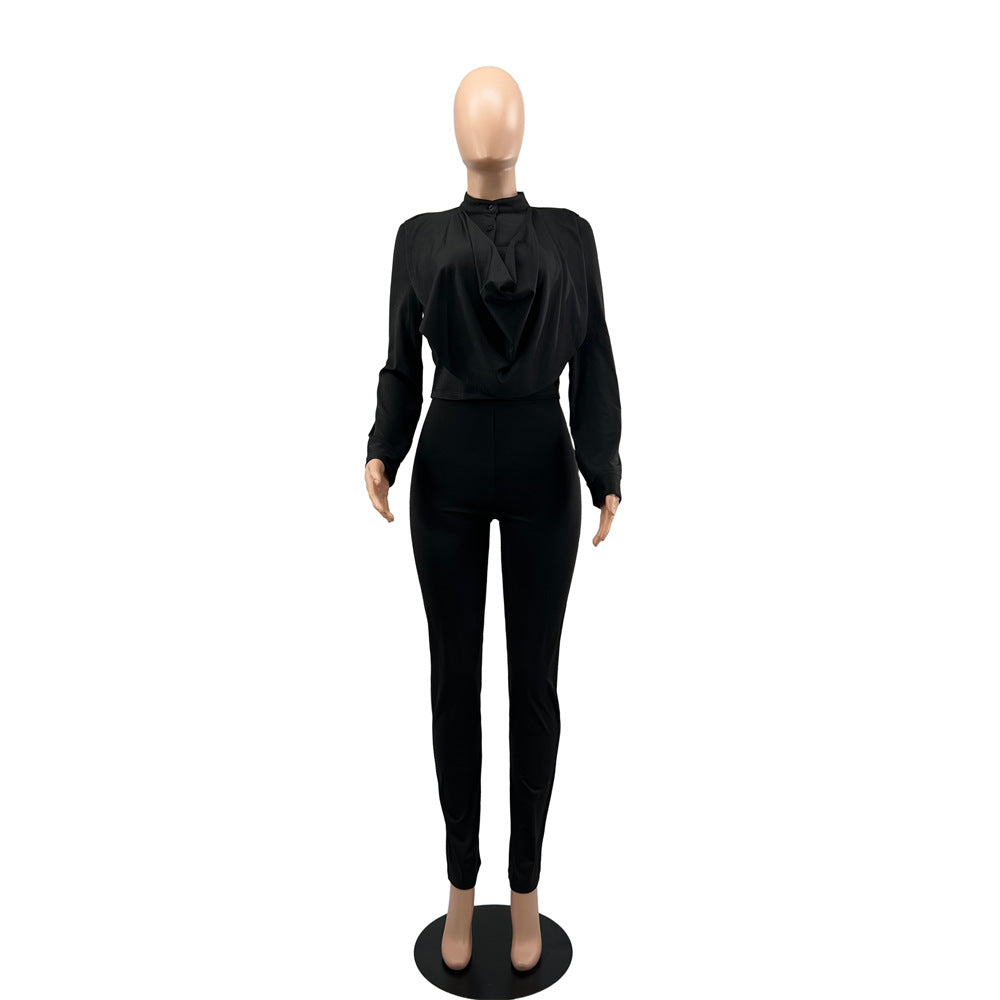 Women's Long Sleeved Cardigan Round Neck Top Slim Trousers Two-Piece Set