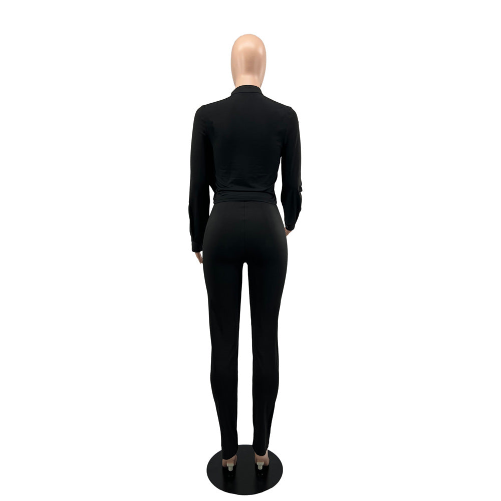 Women's Long Sleeved Cardigan Round Neck Top Slim Trousers Two-Piece Set