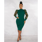 Three Dimensional Petals Mesh Sleeves Rib Fabric One Piece Dress