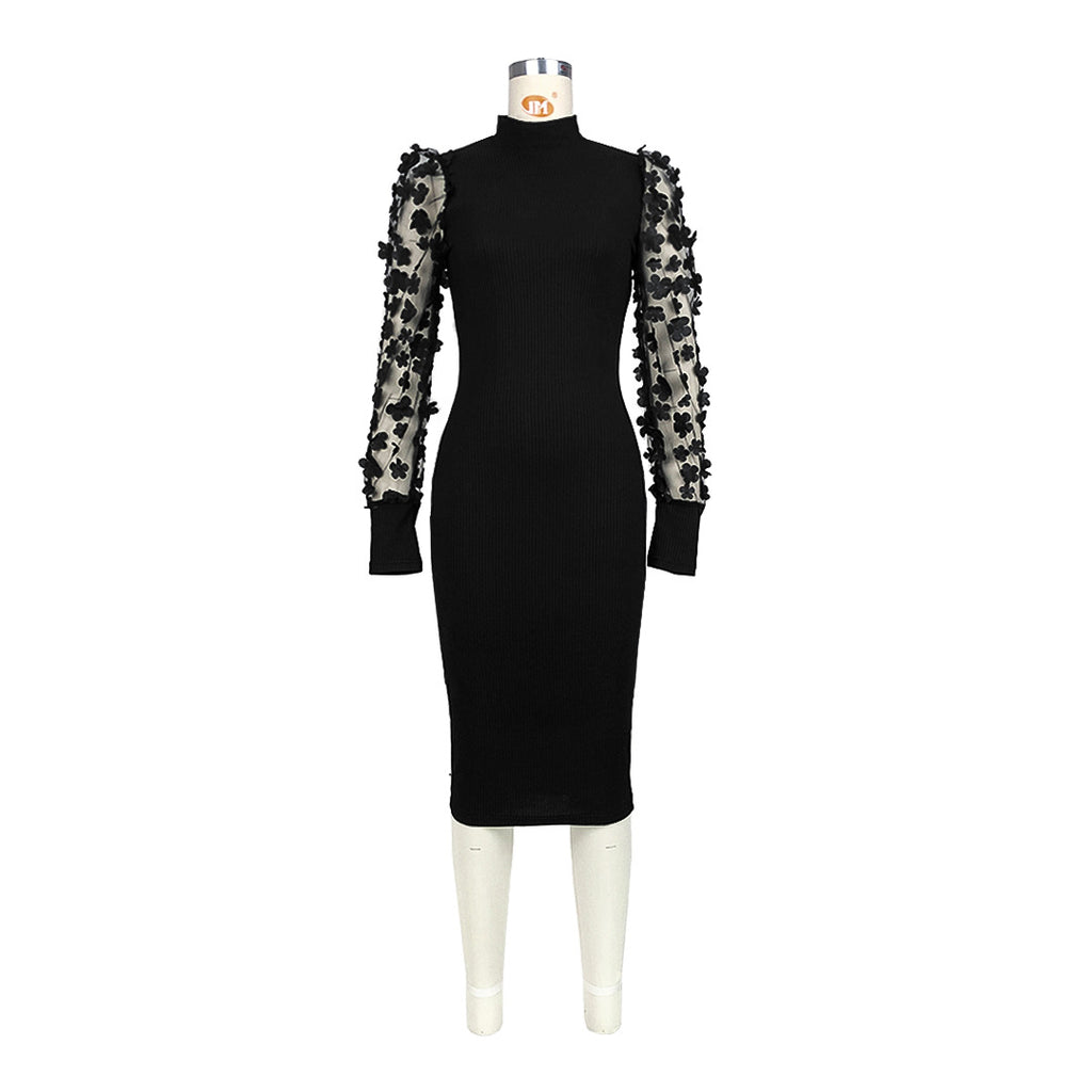 Three Dimensional Petals Mesh Sleeves Rib Fabric One Piece Dress