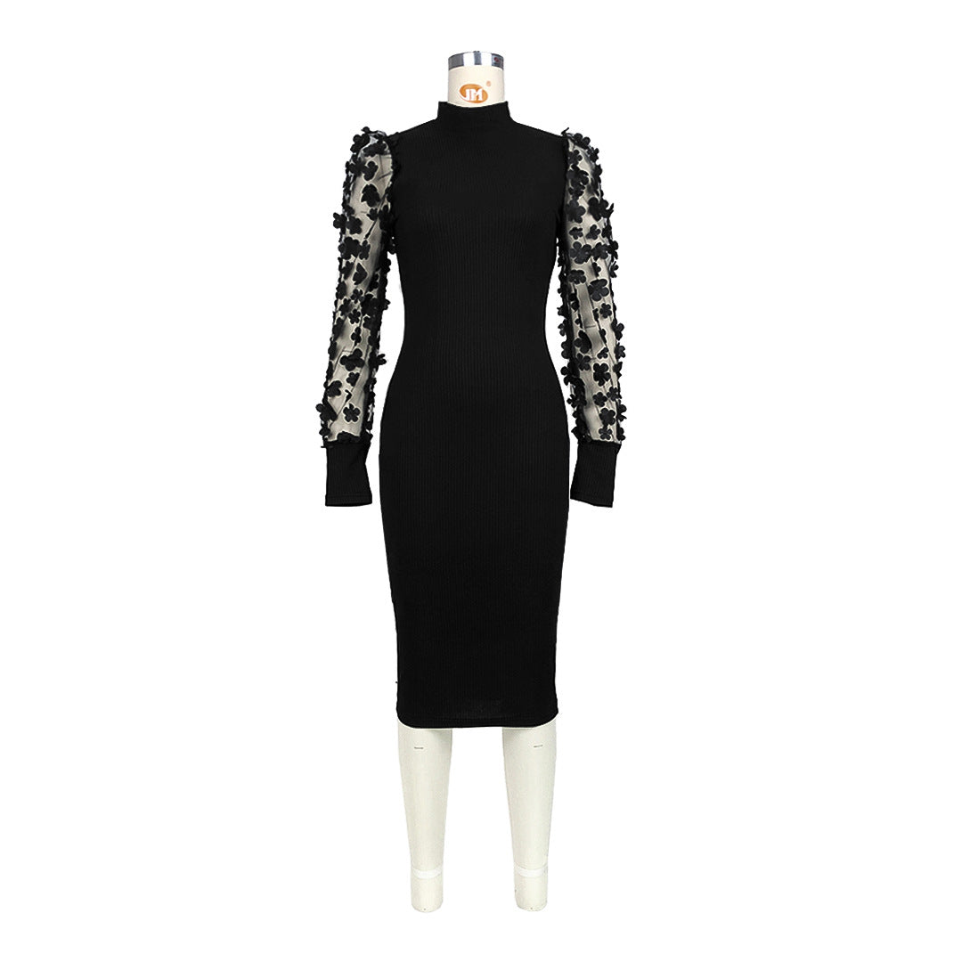 Three Dimensional Petals Mesh Sleeves Rib Fabric One Piece Dress