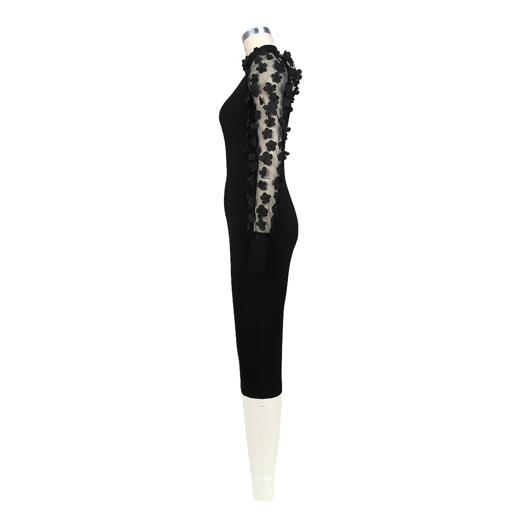 Three Dimensional Petals Mesh Sleeves Rib Fabric One Piece Dress