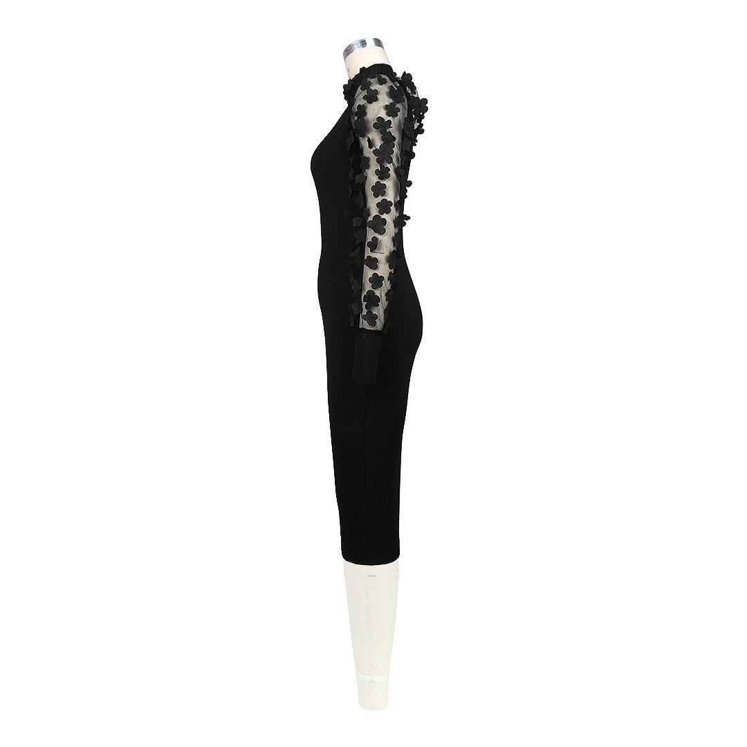 Three Dimensional Petals Mesh Sleeves Rib Fabric One Piece Dress
