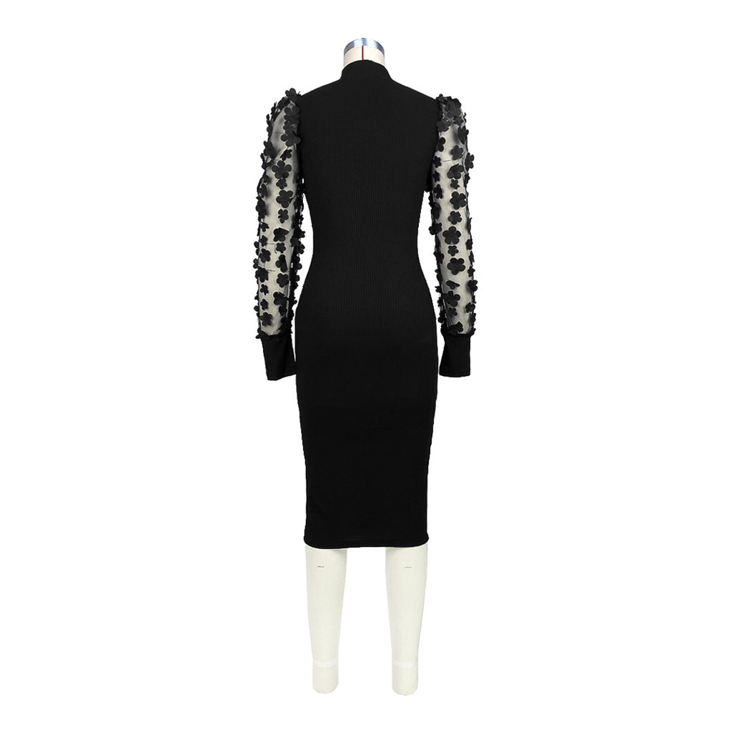 Three Dimensional Petals Mesh Sleeves Rib Fabric One Piece Dress