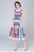 Printed Spaghetti-Strap A-Line Midi Dress