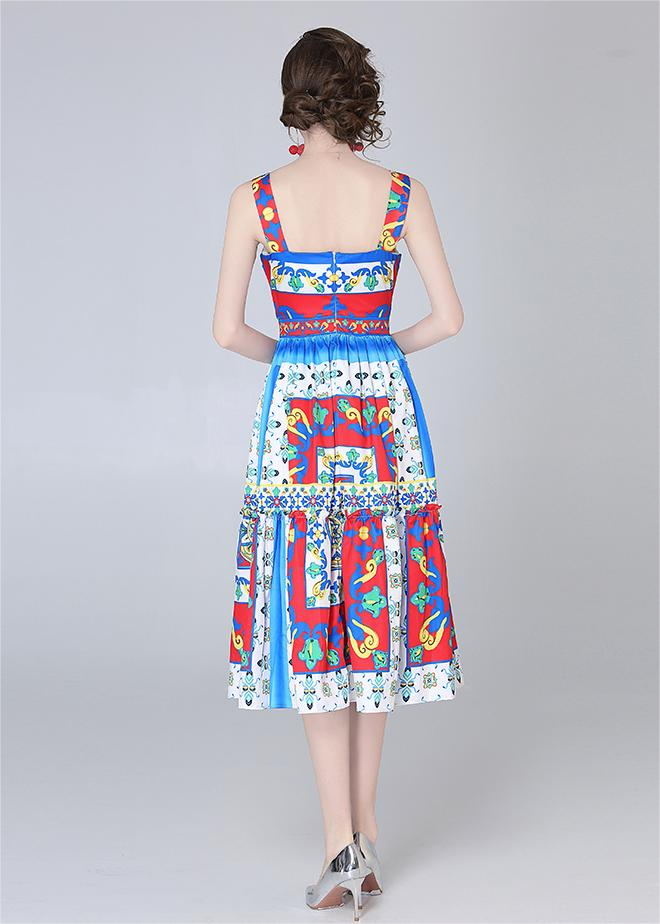 Printed Spaghetti-Strap A-Line Midi Dress