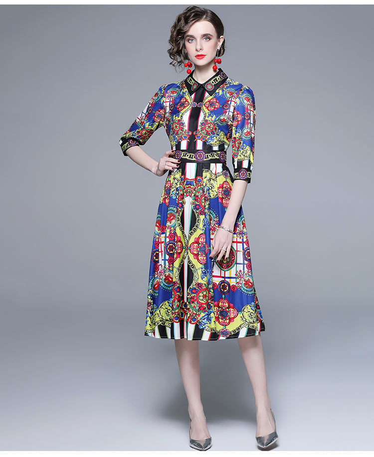 Printed Collared Midi Shirt Dress