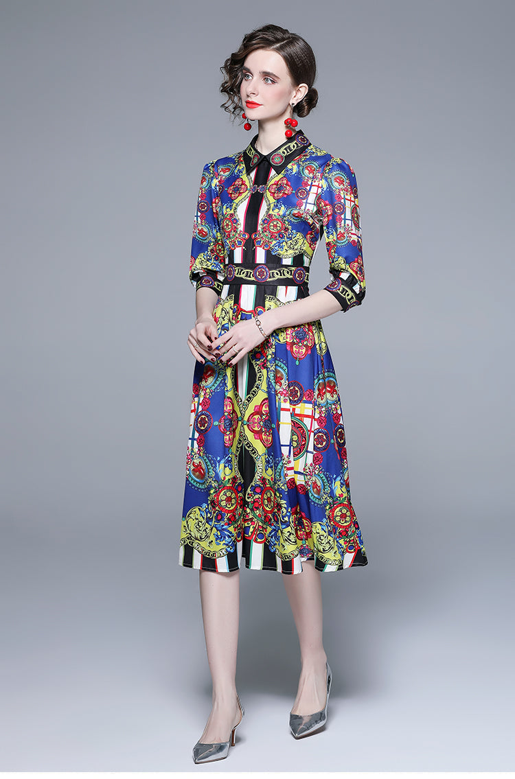 Printed Collared Midi Shirt Dress