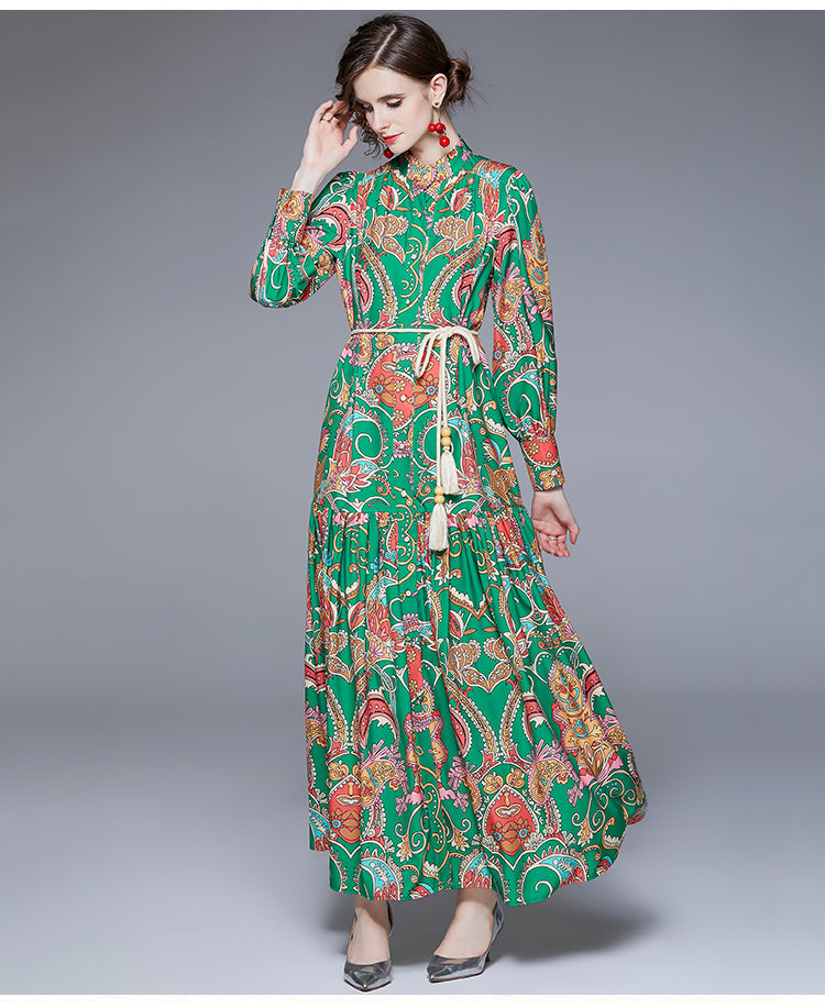 Spring Fall Long-Sleeve Elegant Printed A-Line Maxi Dress