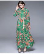 Spring Fall Long-Sleeve Elegant Printed A-Line Maxi Dress