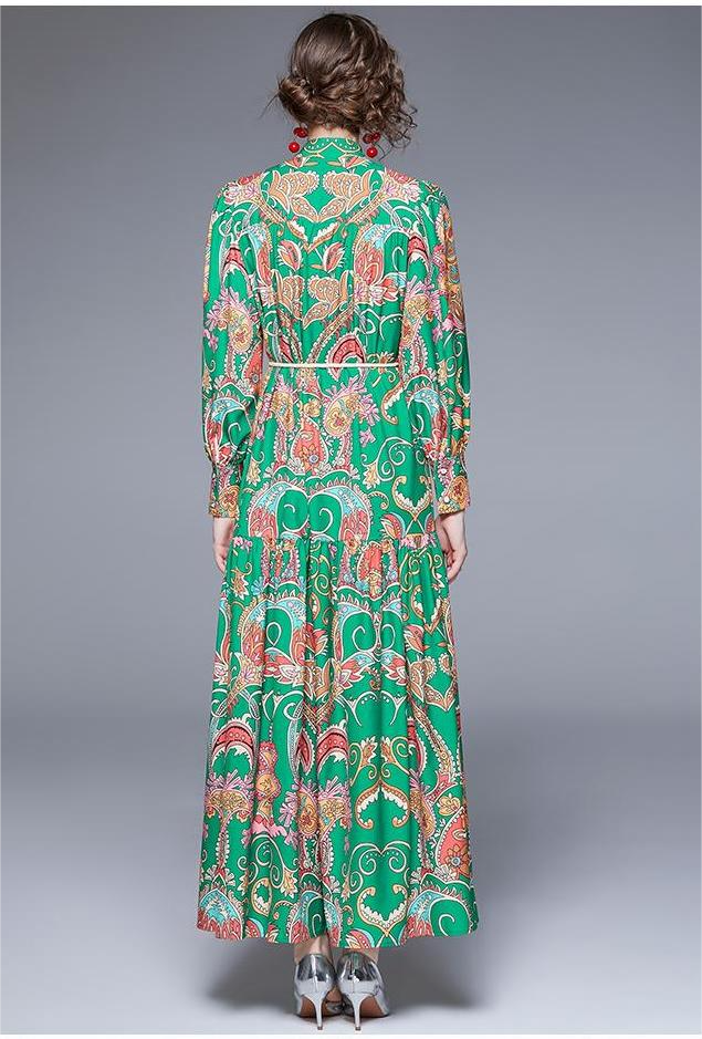 Spring Fall Long-Sleeve Elegant Printed A-Line Maxi Dress