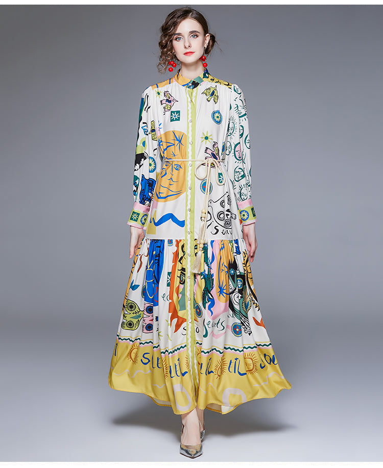 Printed Tie-Front A-Line Maxi Dress