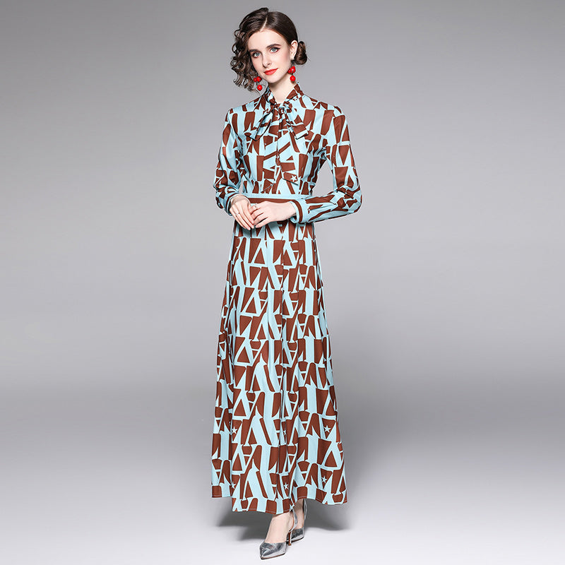 Graphic-Print Tie-Neck A-Line Maxi Dress