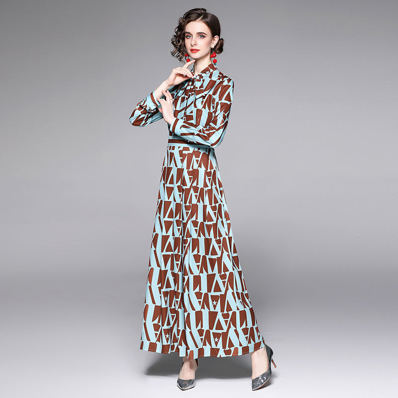 Graphic-Print Tie-Neck A-Line Maxi Dress