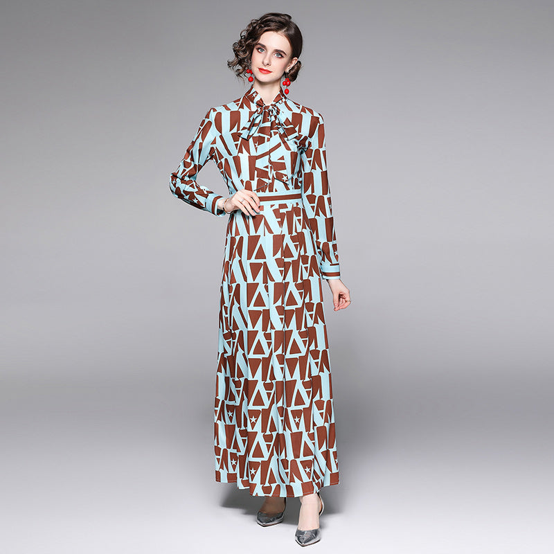 Graphic-Print Tie-Neck A-Line Maxi Dress