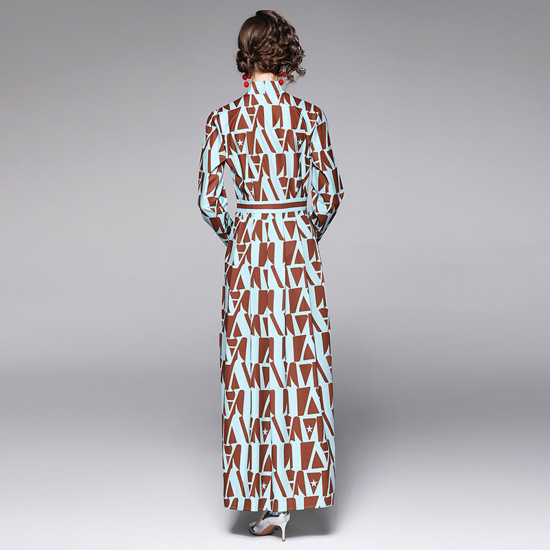 Graphic-Print Tie-Neck A-Line Maxi Dress