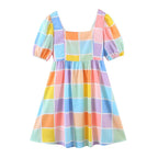 Women's Summer Blogger Square Collar Colorful Plaid Printed Elastic Puff Sleeve Princess Dress
