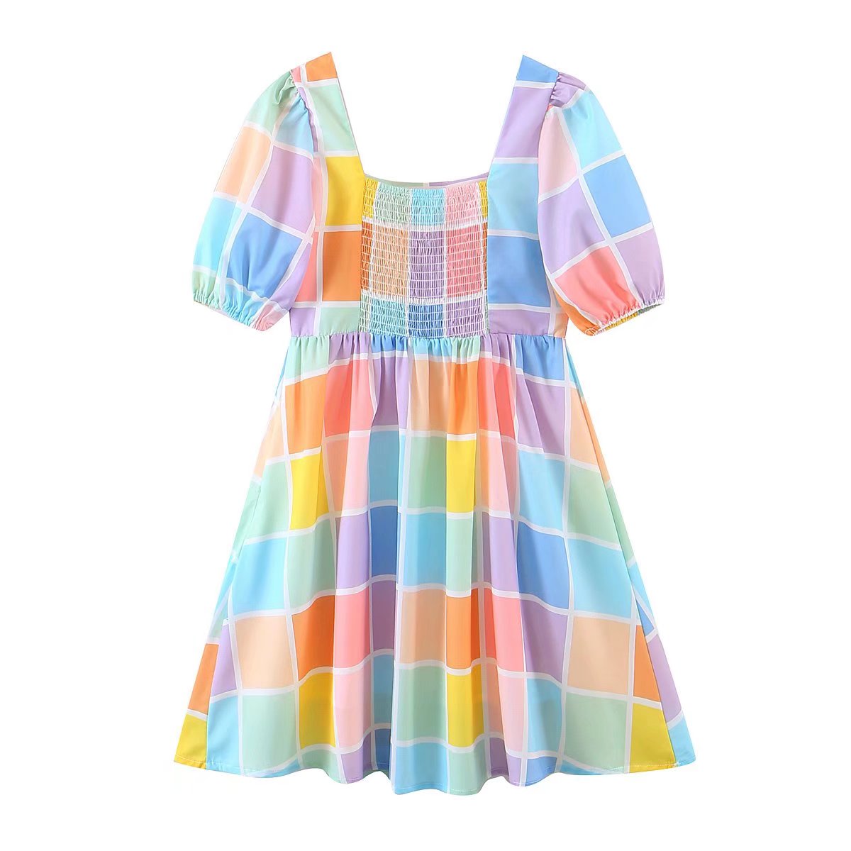 Women's Summer Blogger Square Collar Colorful Plaid Printed Elastic Puff Sleeve Princess Dress