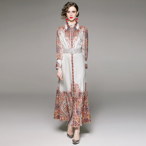 Fashion Waist Slim Positioning Printed Dress With Belt