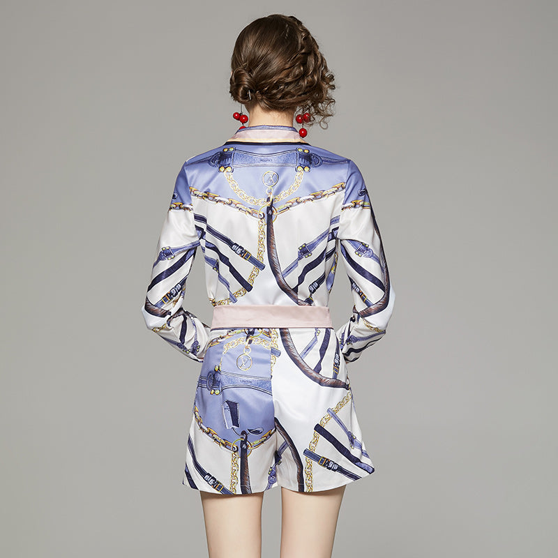 Fashion Joker Waist Positioning Printed Shirt Short Pants Set With Belt