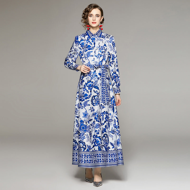 Blue And White Printed Dress With Belt