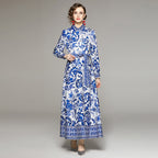 Blue And White Printed Dress With Belt