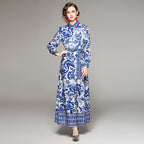 Blue And White Printed Dress With Belt