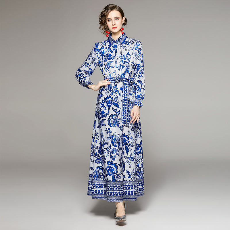 Blue And White Printed Dress With Belt