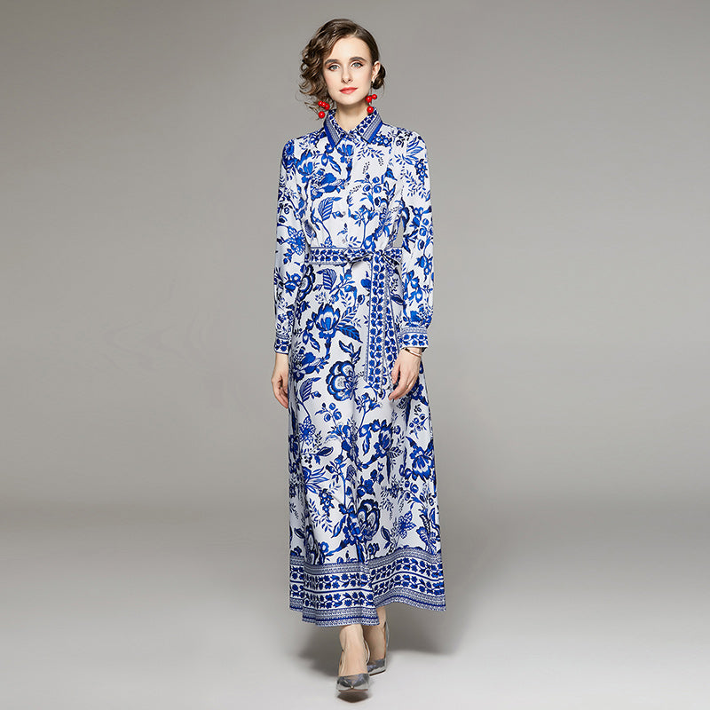 Blue And White Printed Dress With Belt