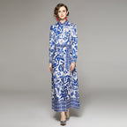 Blue And White Printed Dress With Belt