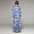 Blue And White Printed Dress With Belt