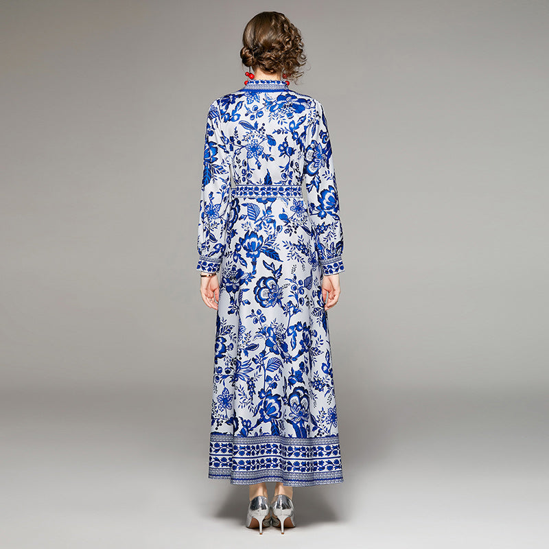 Blue And White Printed Dress With Belt