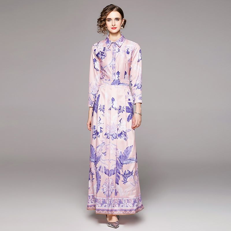 European Fashion Joker Waist Slim Printed Dress