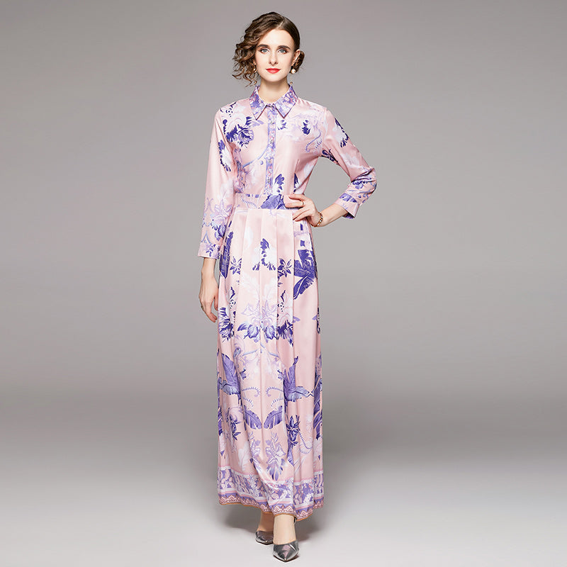 European Fashion Joker Waist Slim Printed Dress