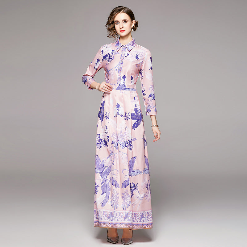 European Fashion Joker Waist Slim Printed Dress