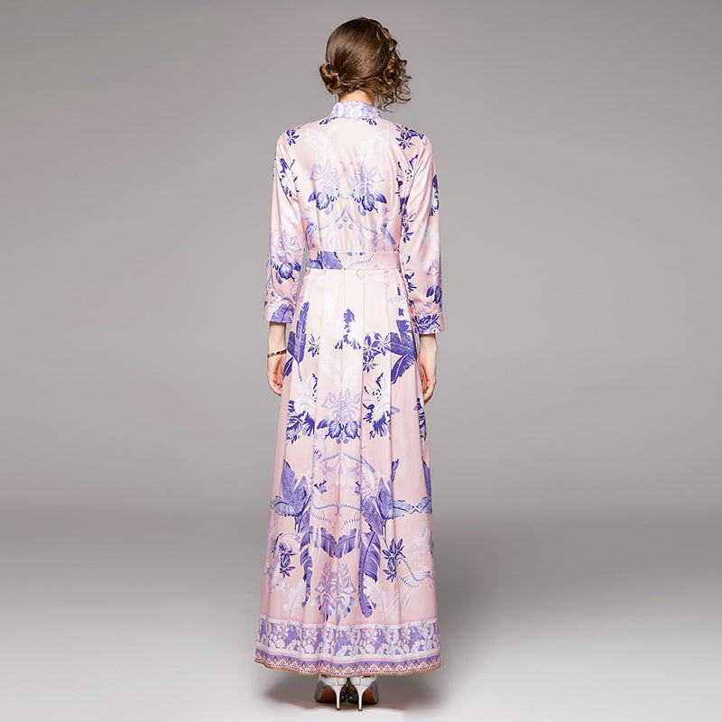 European Fashion Joker Waist Slim Printed Dress