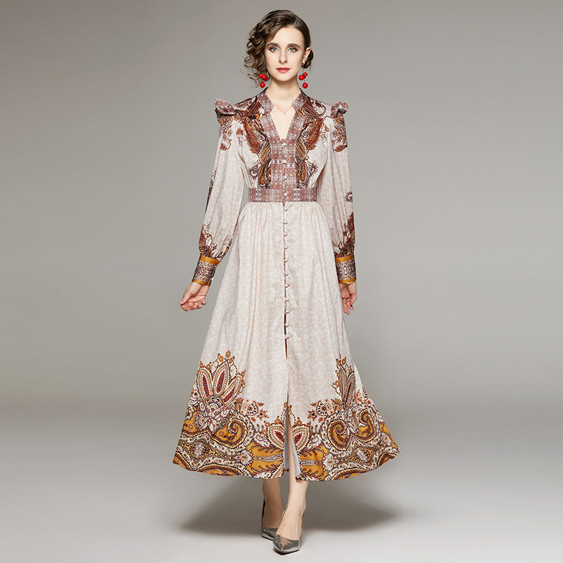 Retro Paisley V-Neck Dress