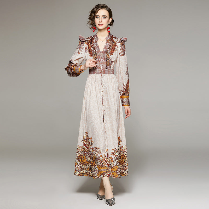 Retro Paisley V-Neck Dress