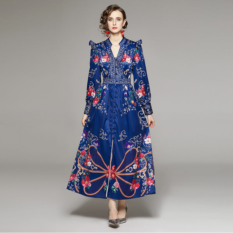 Women's Ruffle-Trim Floral Collared Maxi Dress