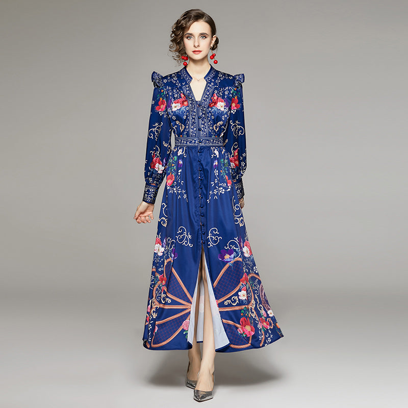 Women's Ruffle-Trim Floral Collared Maxi Dress
