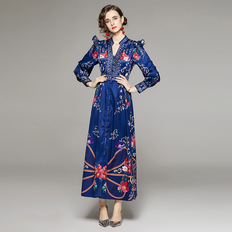 Women's Ruffle-Trim Floral Collared Maxi Dress