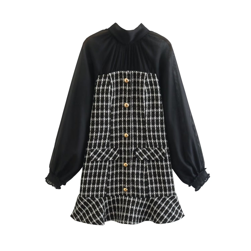Textured Stitching Long-Sleeve Dress