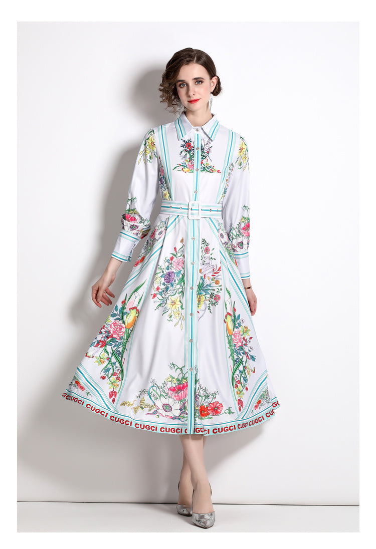 Printed Collared Shirt A-Line Midi Dress